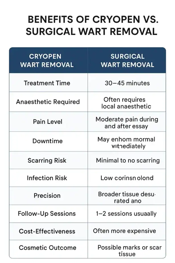 Table showing the benefits of cryopen to remove warts Waltham Forest compared to surgical treatment
